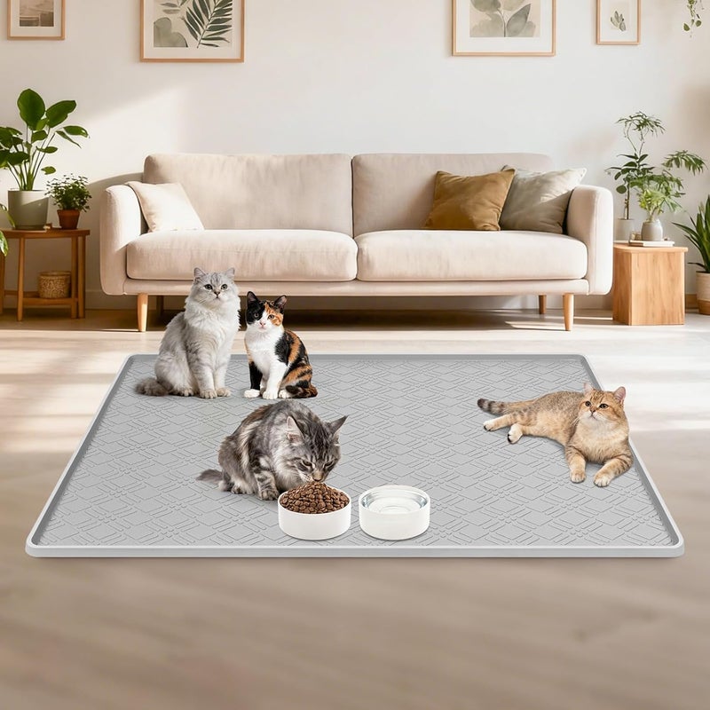 Lanstics Cat Food Mat, 42" x 29" Large Silicone Mat Cat Feeding Mat with Raised Edge Non-Slip Pet Feeding Mat for Food and Water Bowl, Easy to Clean, Floor Protection (Light Gray) - Image 4
